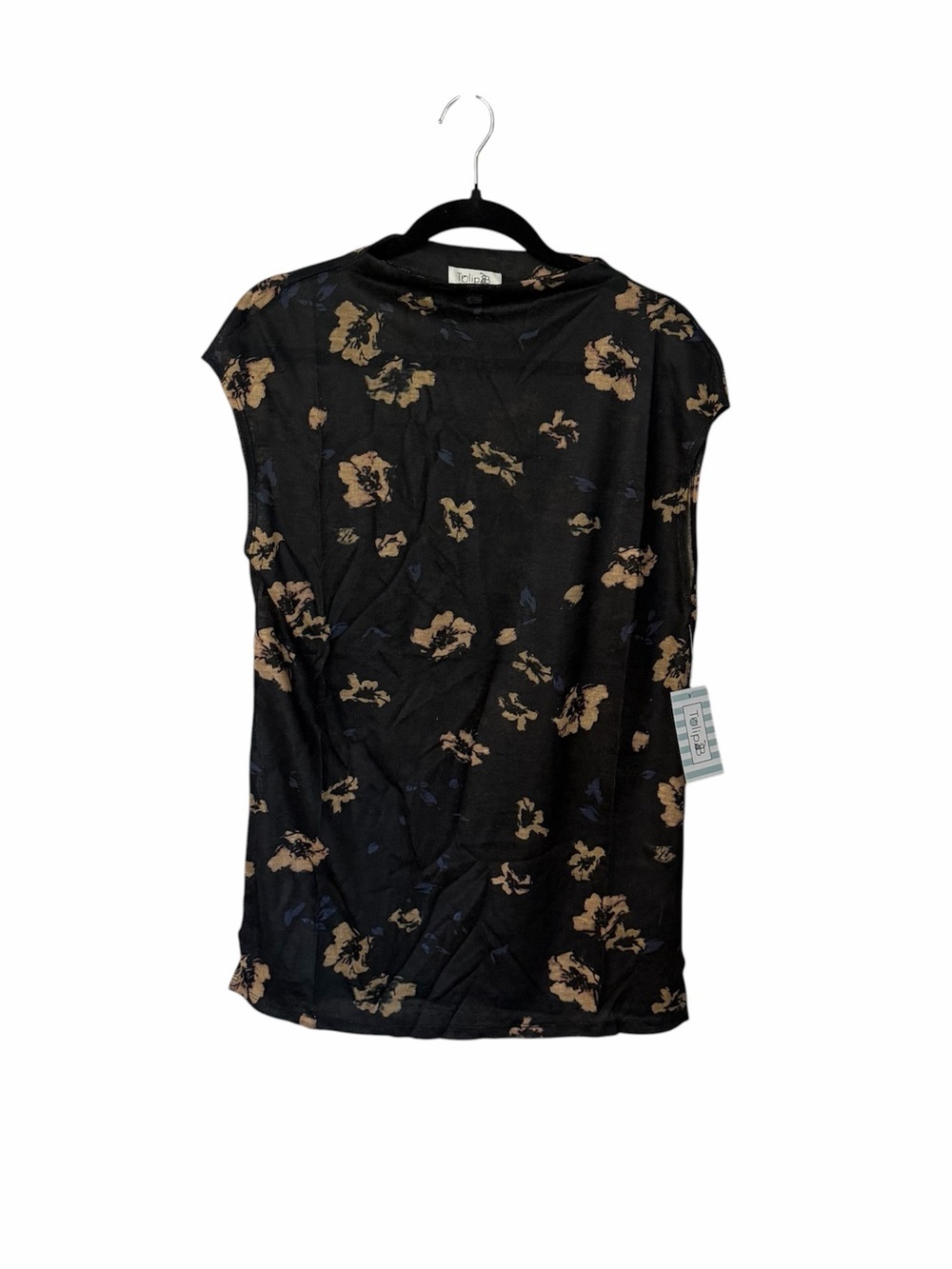 Tulip B Women’s Black & Tan Floral Cap-Sleeve Classic Mock Neck Top Sz S NWT
